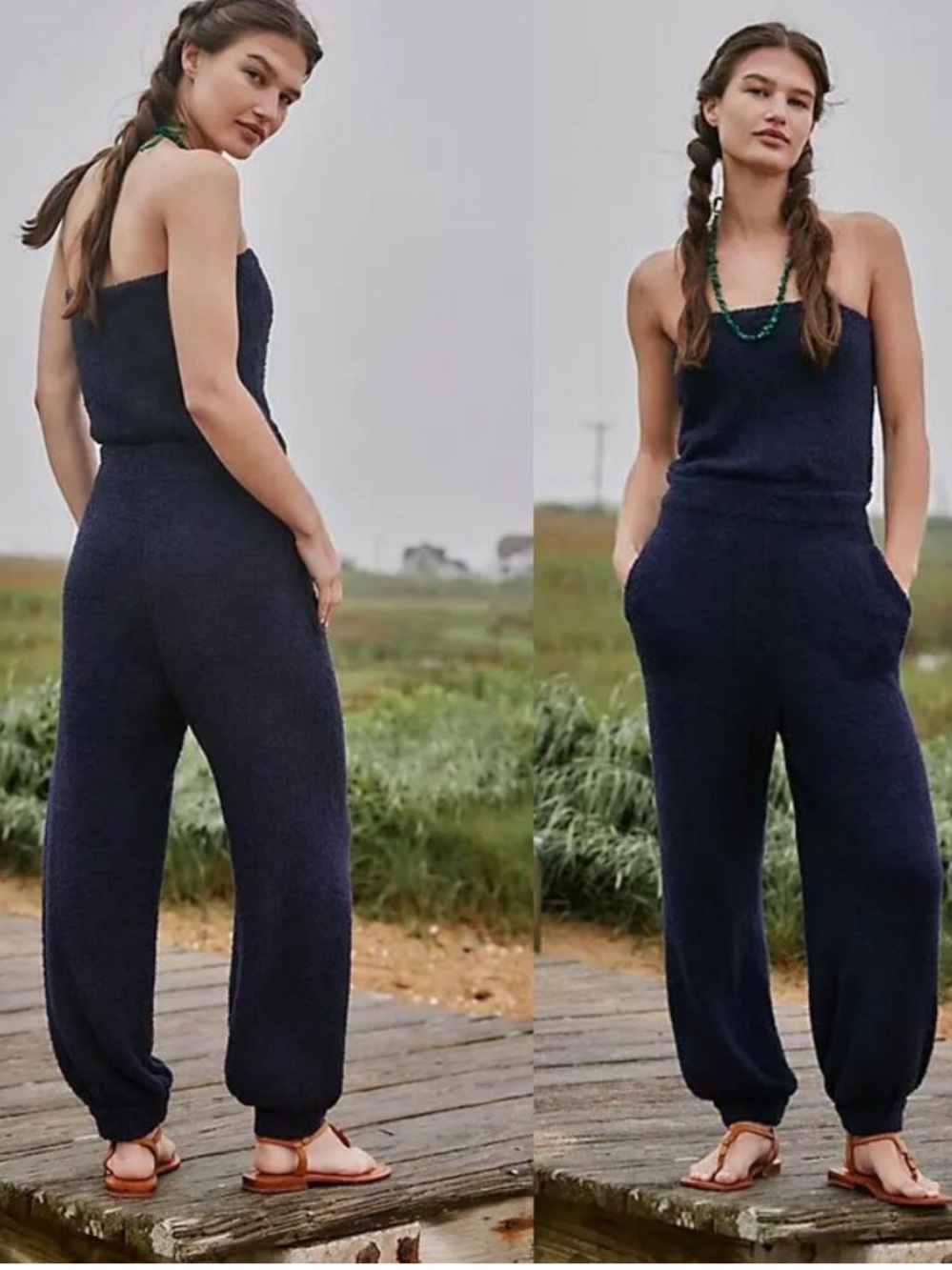 Free People Beach Claire Terrycloth Strapless Jumpsuit One Piece Navy Blue Small